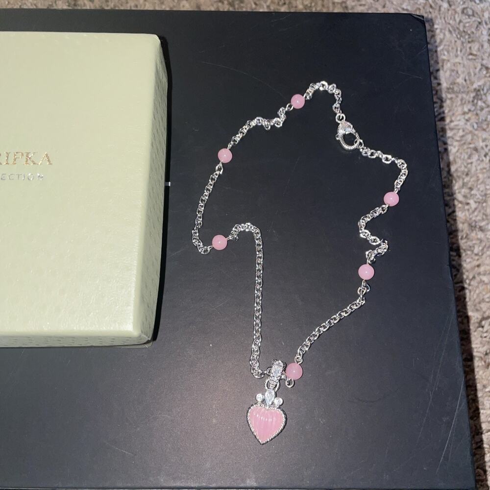 Judith Ripka Sterling Silver Rose Quartz & CZ Heart Pendant Station Necklace